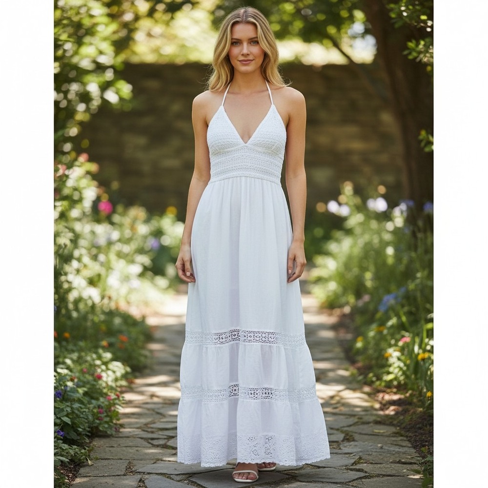 Blanco By Nature Carolina Maxi Sundress L White Crochet Applique Summer Beach